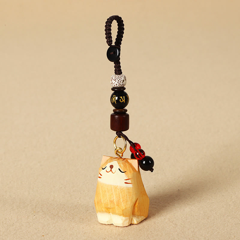 Nimara Ritual Hand Carved Wooden Cat Om Mani Padme Hum Peace Keychains