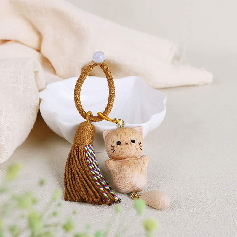 Nimara Ritual Beech Wood Lucky Cat Handmade Tassel Keychains