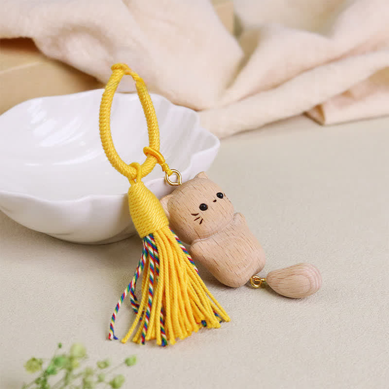 Nimara Ritual Beech Wood Lucky Cat Handmade Tassel Keychains