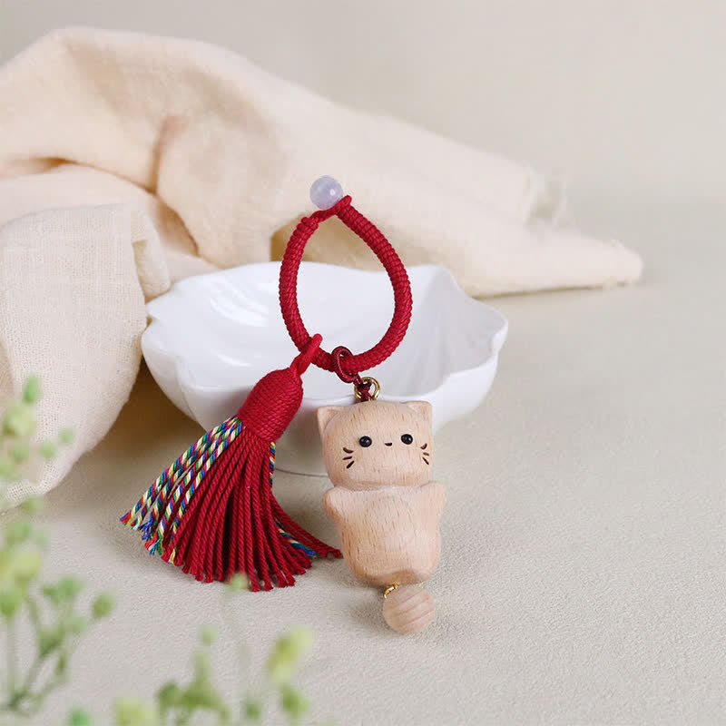 Nimara Ritual Beech Wood Lucky Cat Handmade Tassel Keychains