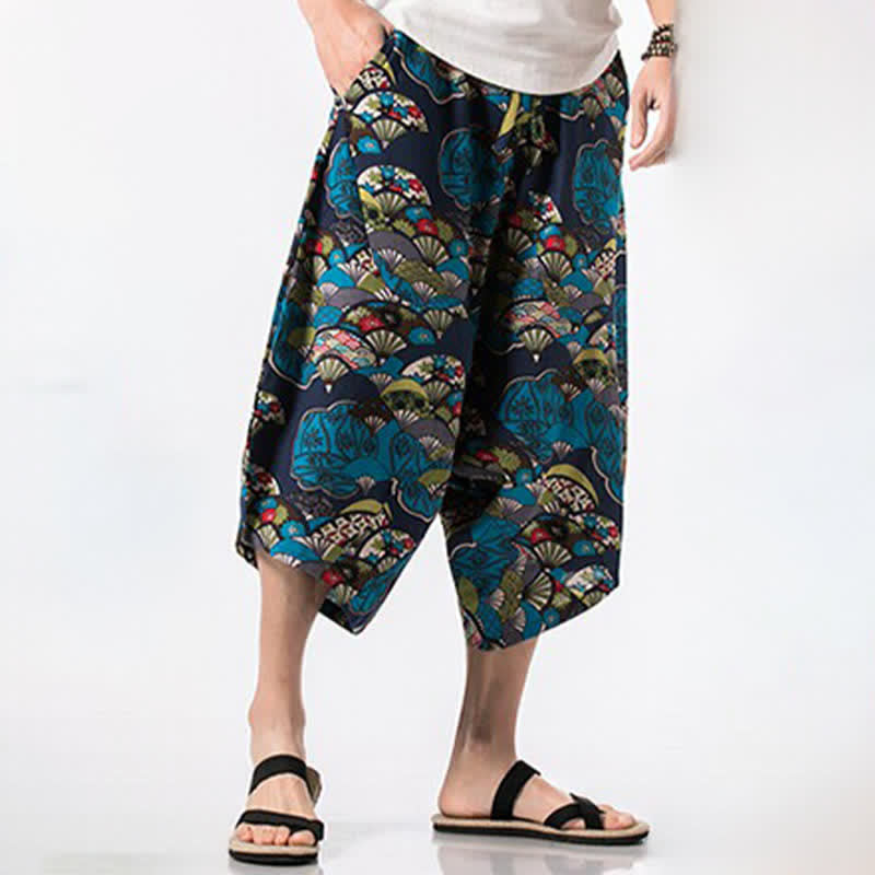 Nimara Ritual Summer Boho Casual Drawstring Floral Cotton Linen Capri Pants Men's Harem Pants With Pocket