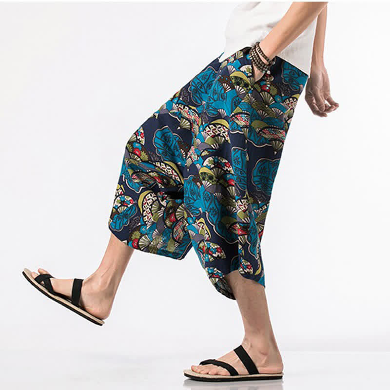 Nimara Ritual Summer Boho Casual Drawstring Floral Cotton Linen Capri Pants Men's Harem Pants With Pocket