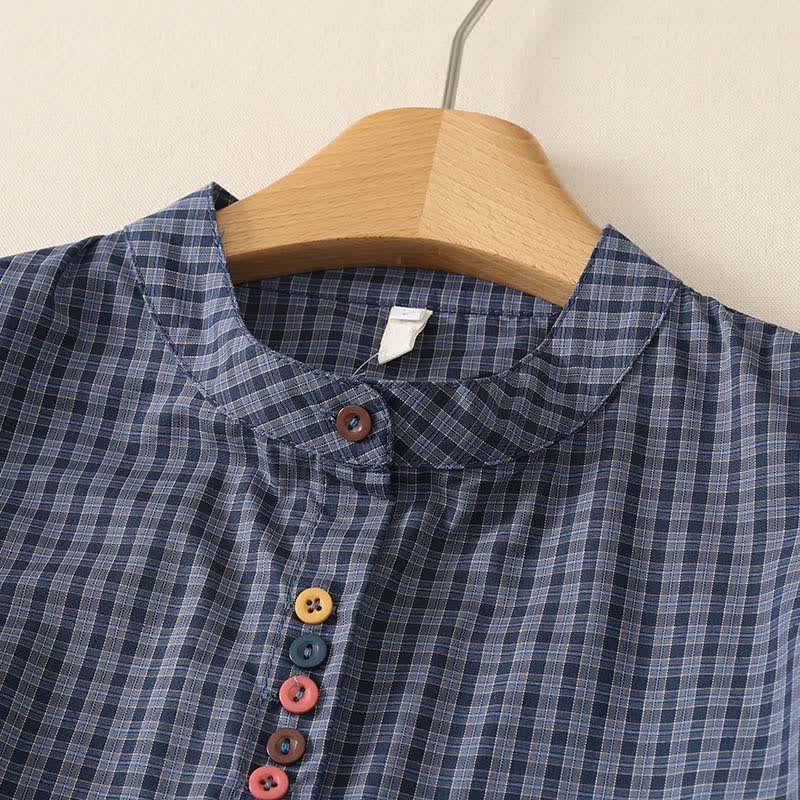 Nimara Ritual Summer Casual Vintage Mandarin Collar Button-Up Plaid Women's Short Sleeve Shirts With Pocket