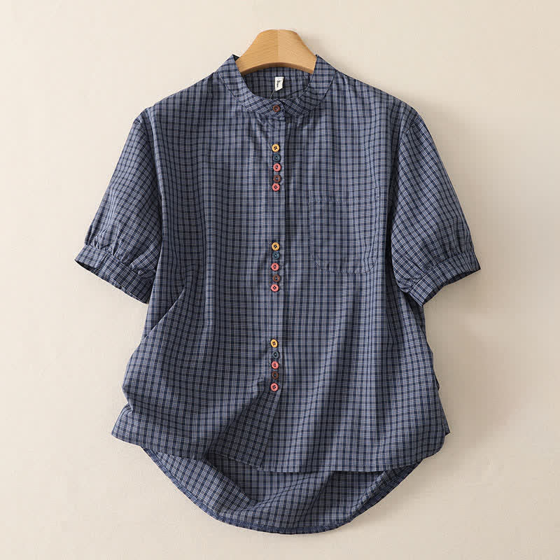 Nimara Ritual Summer Casual Vintage Mandarin Collar Button-Up Plaid Women's Short Sleeve Shirts With Pocket