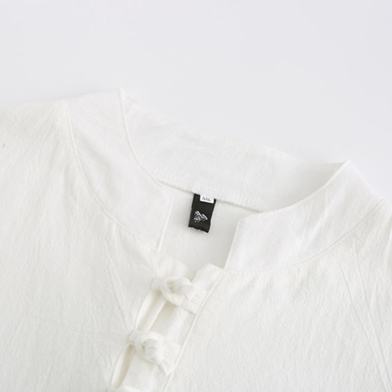 Nimara Ritual Summer Tang Style Vintage Frog Button Crane Men's Short Sleeve Shirts