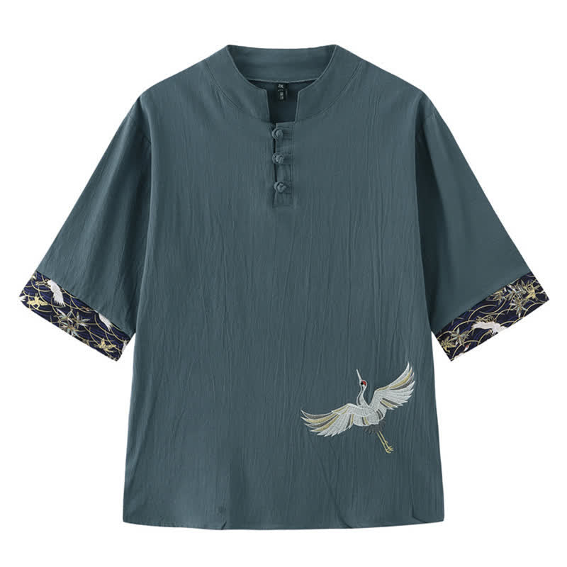 Nimara Ritual Summer Tang Style Vintage Frog Button Crane Men's Short Sleeve Shirts
