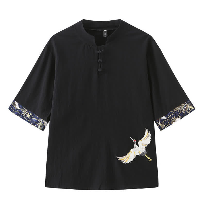 Nimara Ritual Summer Tang Style Vintage Frog Button Crane Men's Short Sleeve Shirts