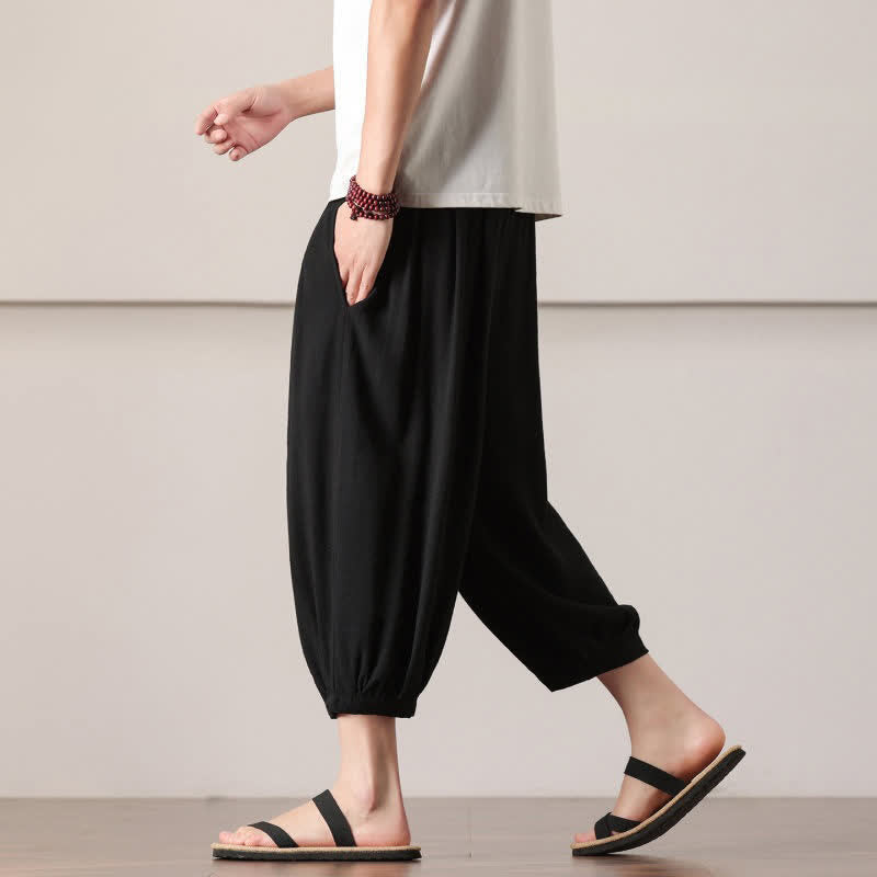 Nimara Ritual Summer Casual Minimalist Drawstring Solid Capri Pants Men's Harem Pants With Pocket