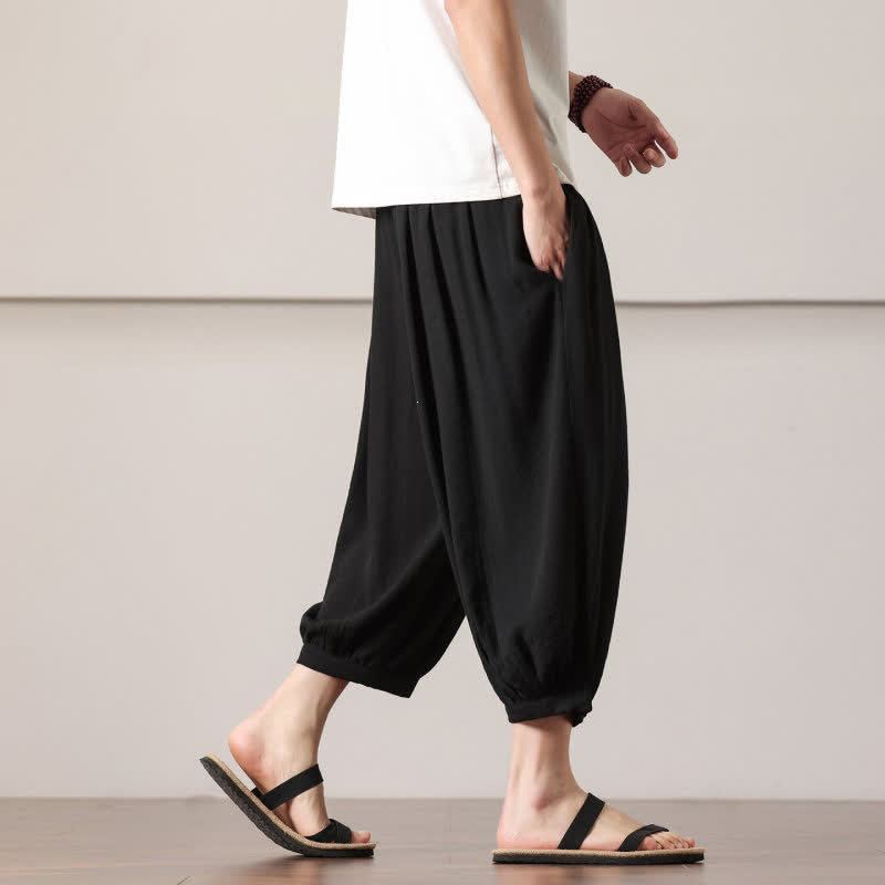 Nimara Ritual Summer Casual Minimalist Drawstring Solid Capri Pants Men's Harem Pants With Pocket