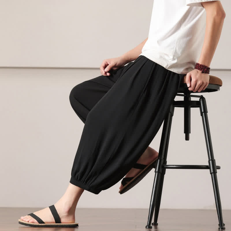 Nimara Ritual Summer Casual Minimalist Drawstring Solid Capri Pants Men's Harem Pants With Pocket