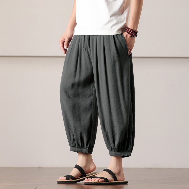 Nimara Ritual Summer Casual Minimalist Drawstring Solid Capri Pants Men's Harem Pants With Pocket
