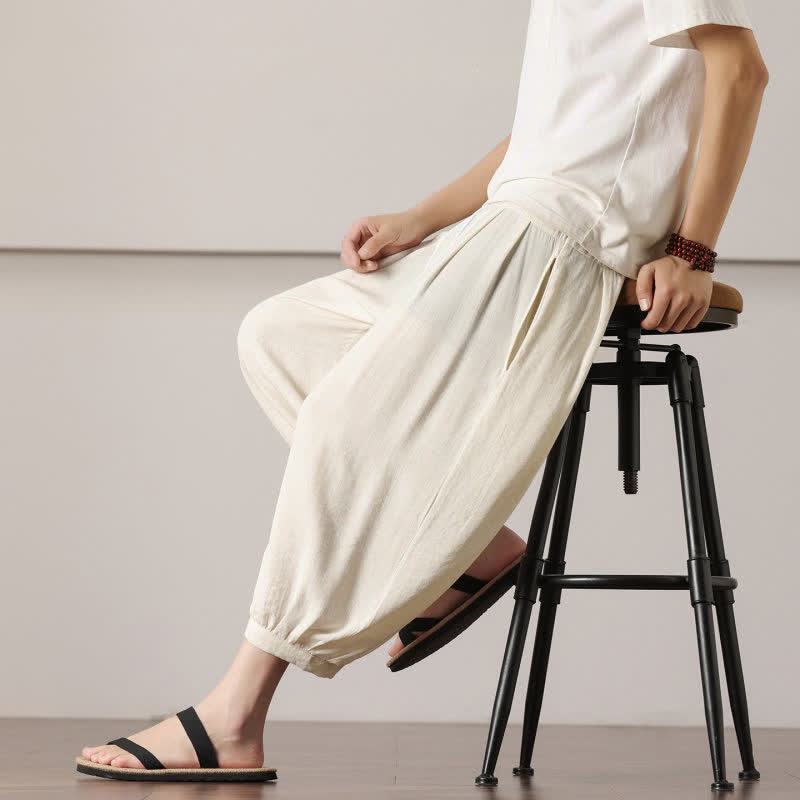 Nimara Ritual Summer Casual Minimalist Drawstring Solid Capri Pants Men's Harem Pants With Pocket
