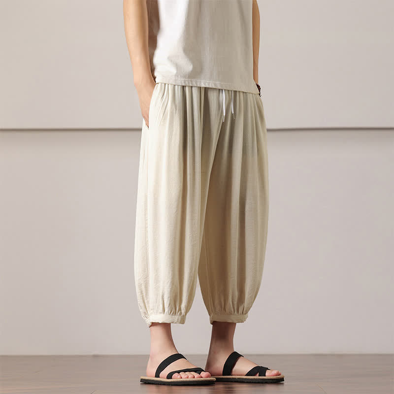 Nimara Ritual Summer Casual Minimalist Drawstring Solid Capri Pants Men's Harem Pants With Pocket