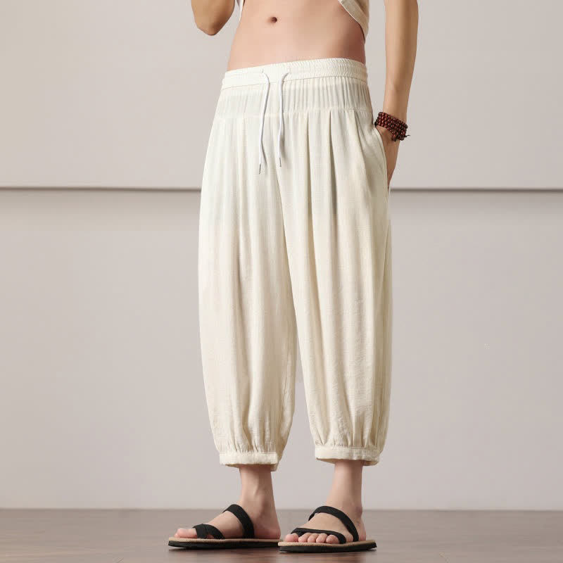 Nimara Ritual Summer Casual Minimalist Drawstring Solid Capri Pants Men's Harem Pants With Pocket