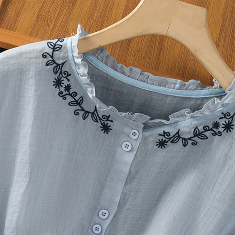 Nimara Ritual Summer Casual Vintage Light Blue Embroidery Button-Up Solid Women's Elbow-Length Sleeve Shirts