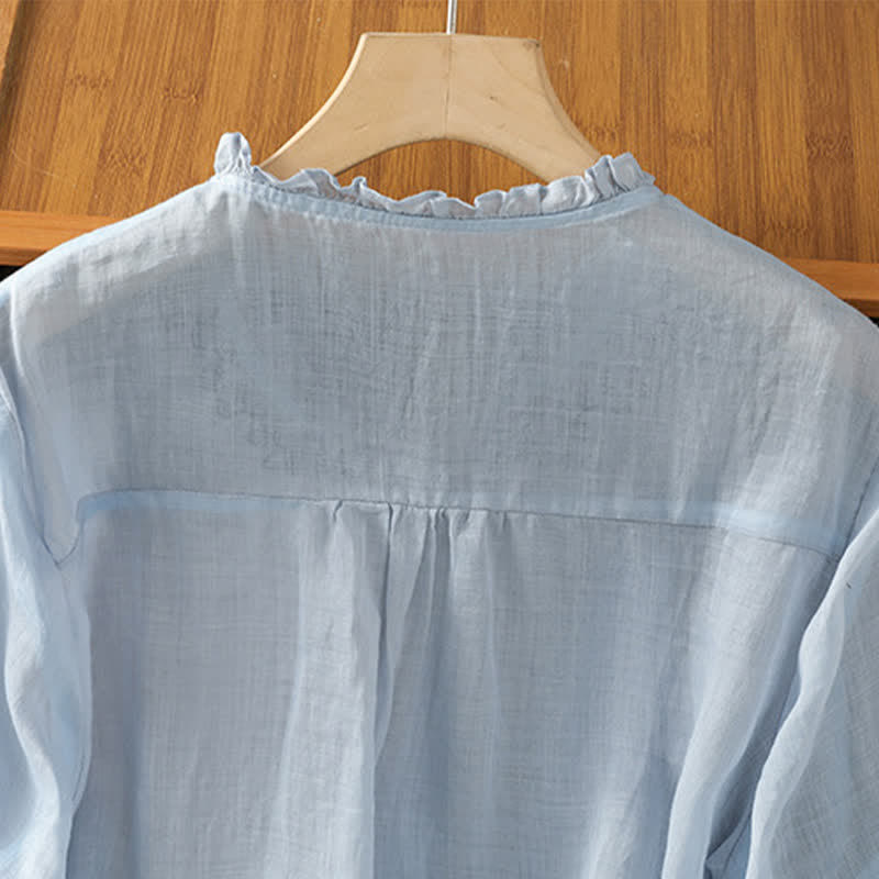 Nimara Ritual Summer Casual Vintage Light Blue Embroidery Button-Up Solid Women's Elbow-Length Sleeve Shirts