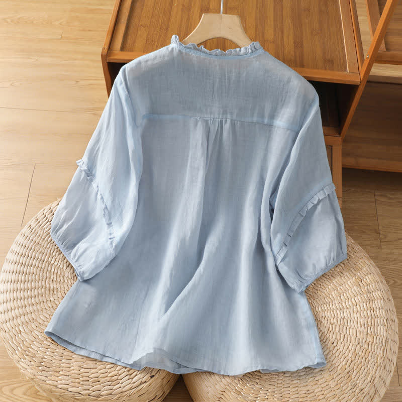 Nimara Ritual Summer Casual Vintage Light Blue Embroidery Button-Up Solid Women's Elbow-Length Sleeve Shirts