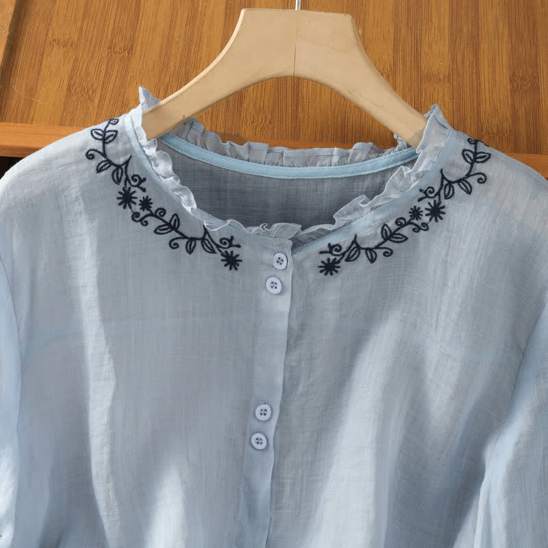 Nimara Ritual Summer Casual Vintage Light Blue Embroidery Button-Up Solid Women's Elbow-Length Sleeve Shirts