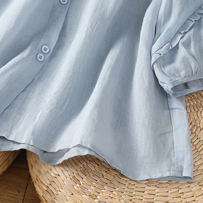 Nimara Ritual Summer Casual Vintage Light Blue Embroidery Button-Up Solid Women's Elbow-Length Sleeve Shirts
