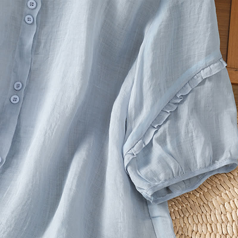 Nimara Ritual Summer Casual Vintage Light Blue Embroidery Button-Up Solid Women's Elbow-Length Sleeve Shirts