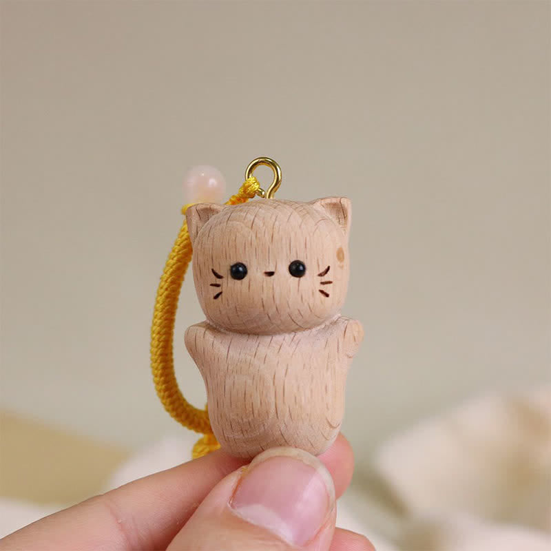 Nimara Ritual Beech Wood Lucky Cat Handmade Tassel Keychains