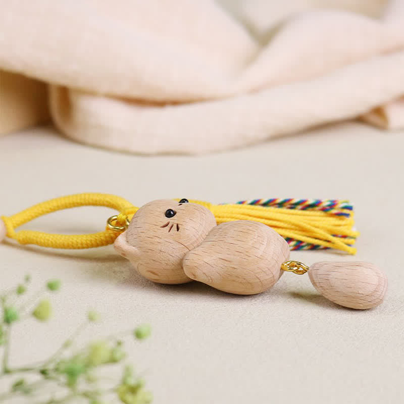 Nimara Ritual Beech Wood Lucky Cat Handmade Tassel Keychains