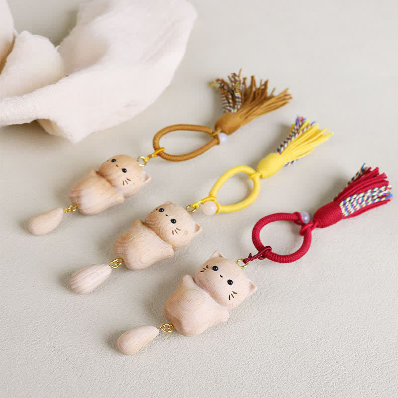 Nimara Ritual Beech Wood Lucky Cat Handmade Tassel Keychains