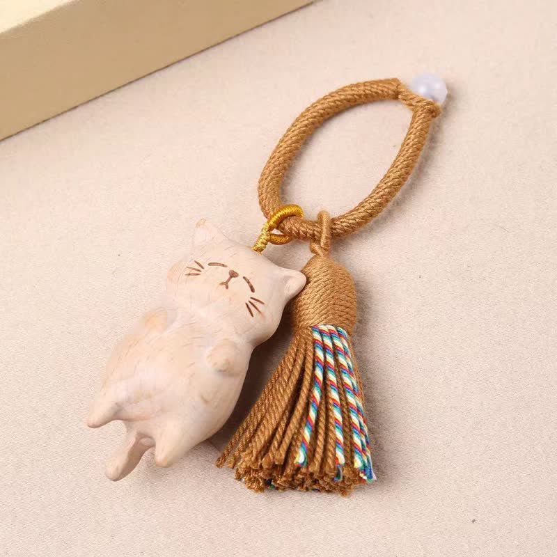 Nimara Ritual Beech Wood Cat Peace Tassel Bag Charm Keychains