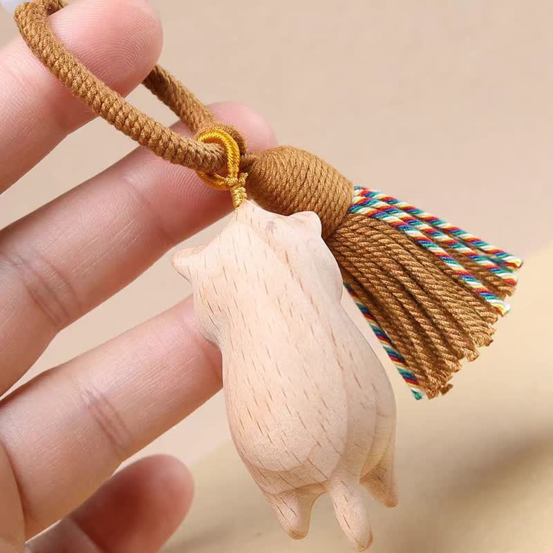Nimara Ritual Beech Wood Cat Peace Tassel Bag Charm Keychains