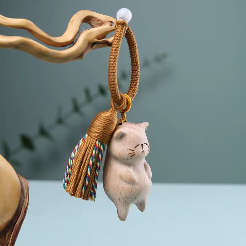 Nimara Ritual Beech Wood Cat Peace Tassel Bag Charm Keychains