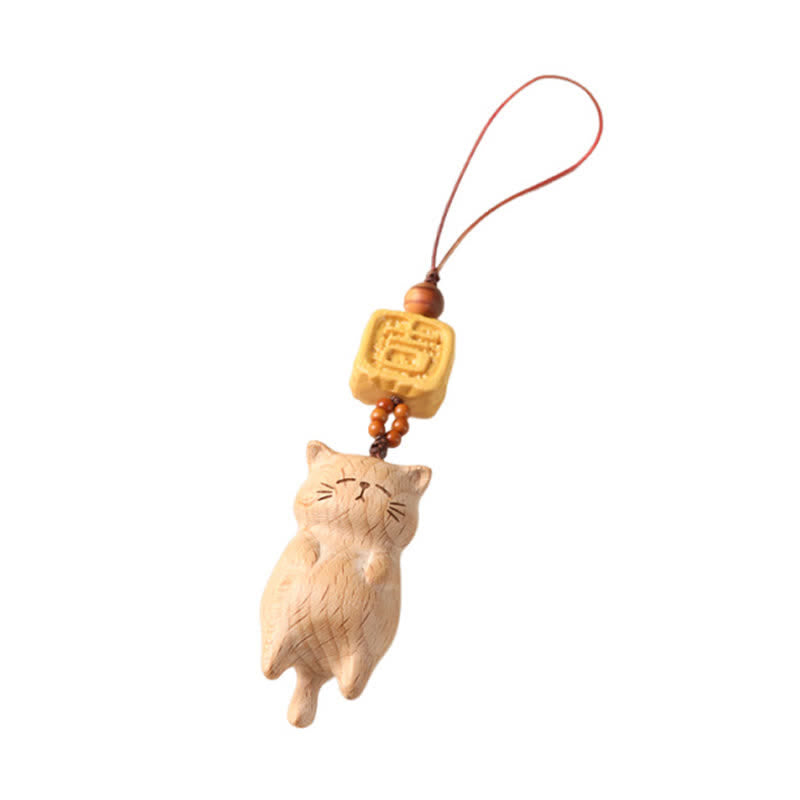 Calm Energy Beech Wood Hand Carved Lucky Cat Phone Hanging Decoration