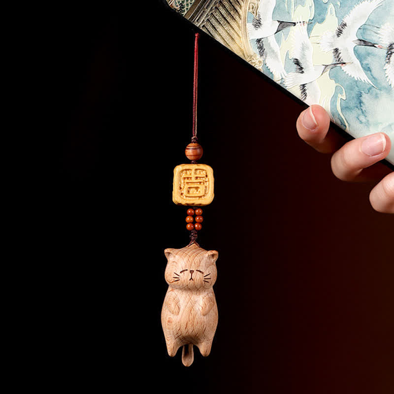Calm Energy Beech Wood Hand Carved Lucky Cat Phone Hanging Decoration