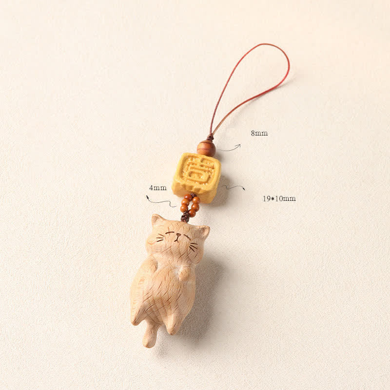 Calm Energy Beech Wood Hand Carved Lucky Cat Phone Hanging Decoration