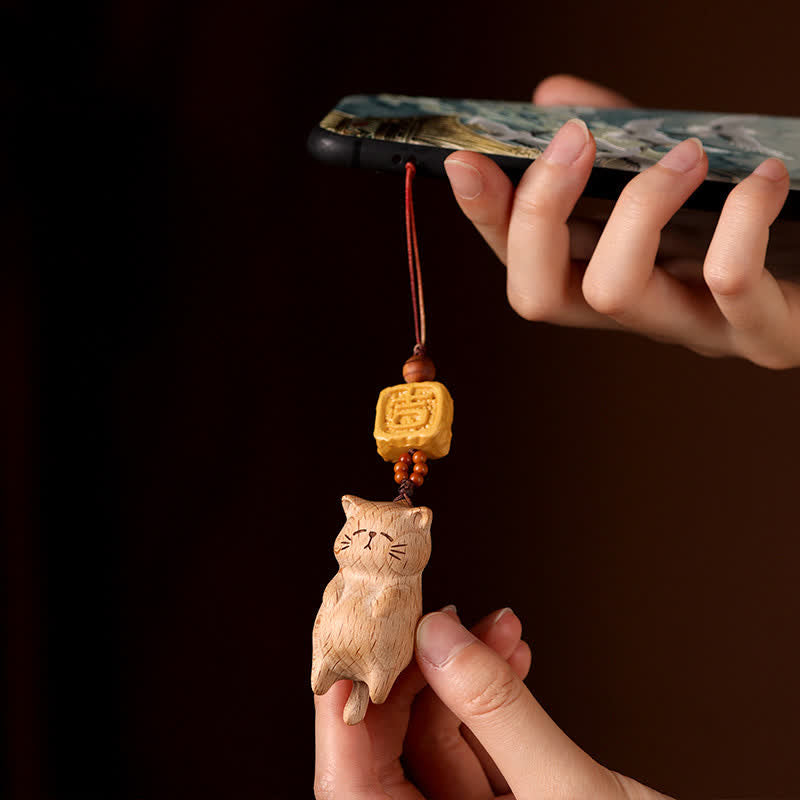 Calm Energy Beech Wood Hand Carved Lucky Cat Phone Hanging Decoration