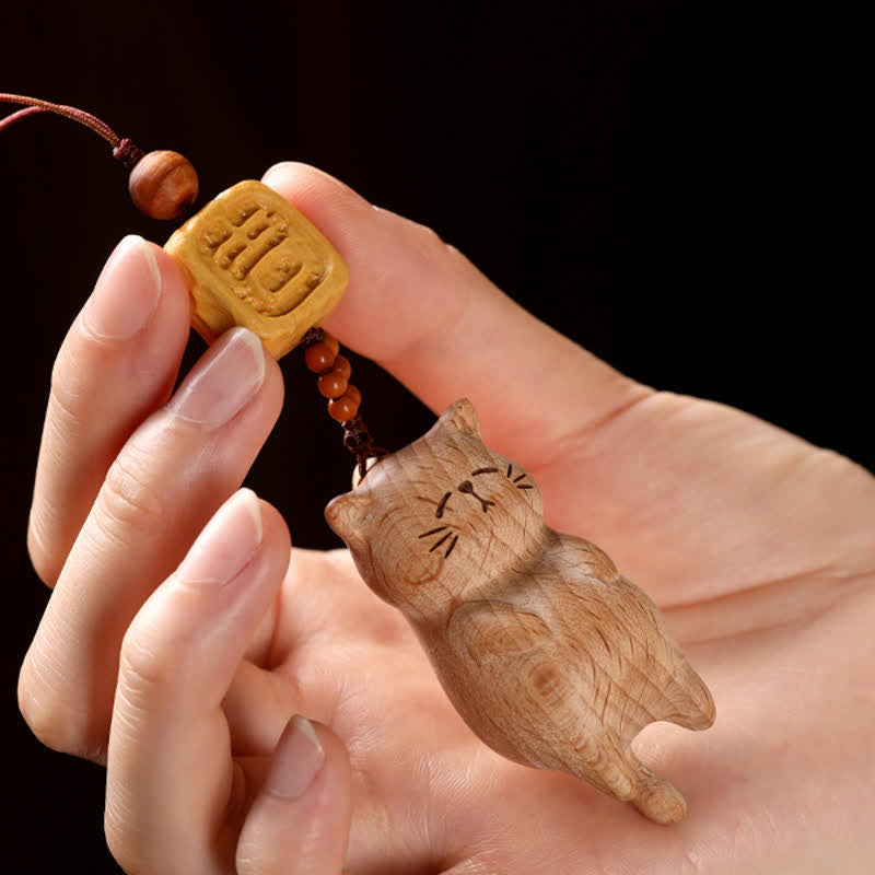 Nimara Ritual Beech Wood Hand Carved Lucky Cat Phone Hanging Decoration
