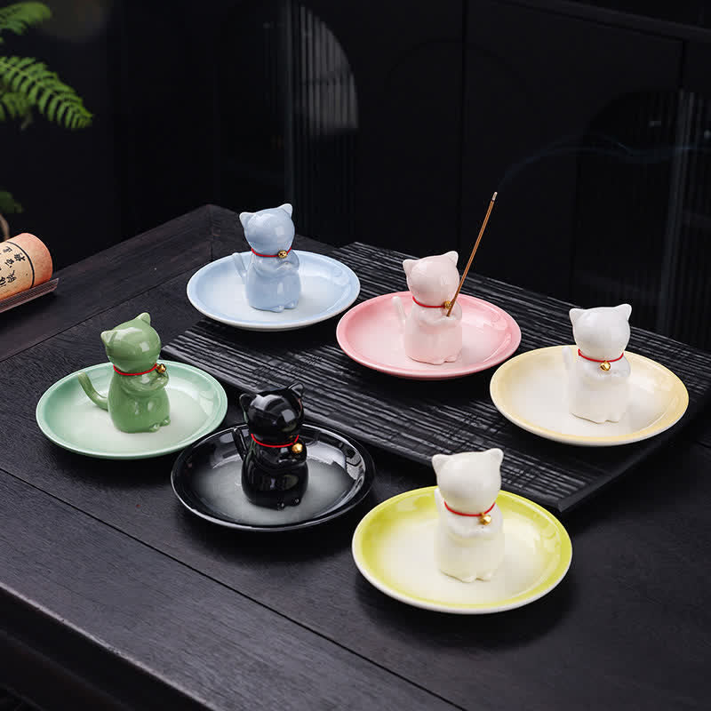 Nimara Ritual Ceramic Kawaii Cat Incense Burner with Ash Catching Tray Without Incense