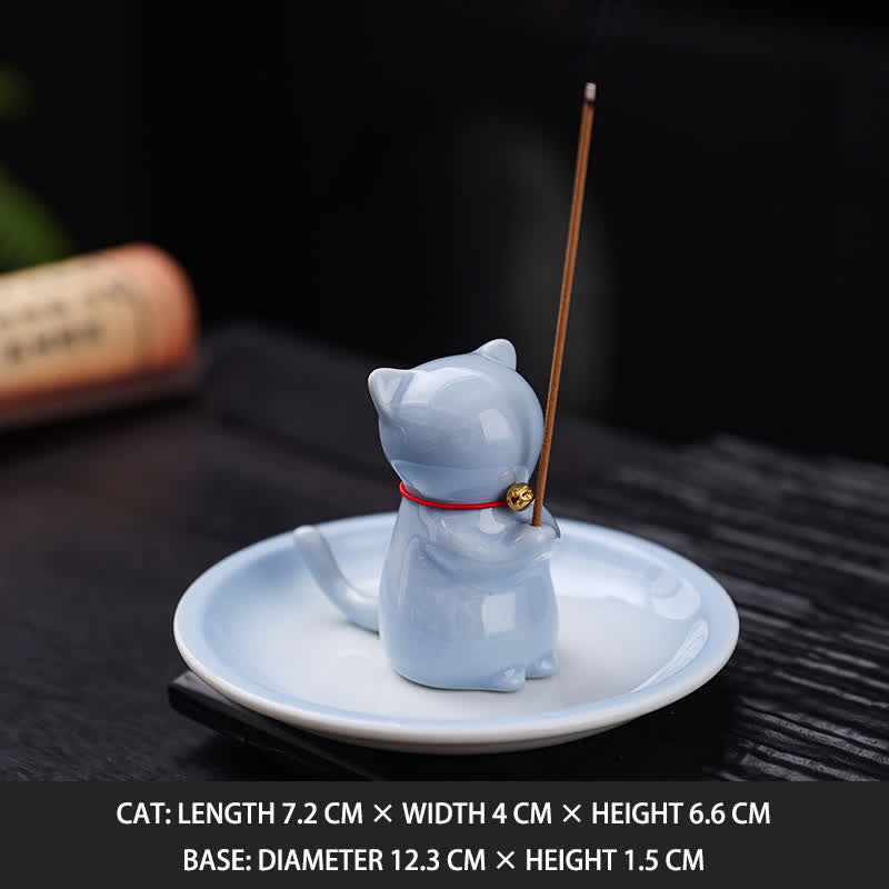 Nimara Ritual Ceramic Kawaii Cat Incense Burner with Ash Catching Tray Without Incense