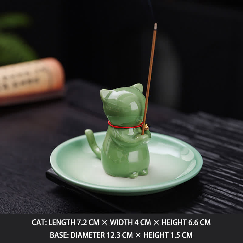 Nimara Ritual Ceramic Kawaii Cat Incense Burner with Ash Catching Tray Without Incense