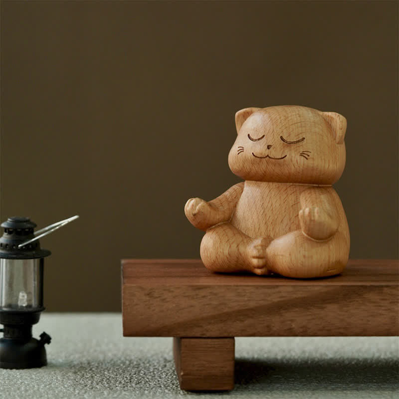 Nimara Ritual Wood Meditating Cat Enlightenment Hand Carved Cute Animal Decor