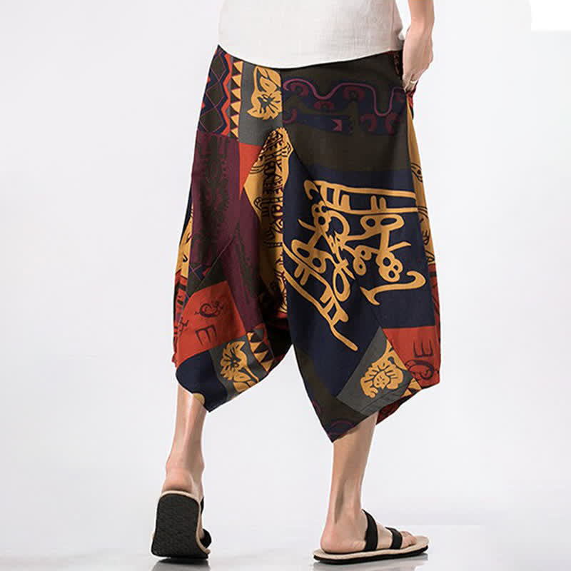 Nimara Ritual Summer Boho Casual Drawstring Floral Cotton Linen Capri Pants Men's Harem Pants With Pocket
