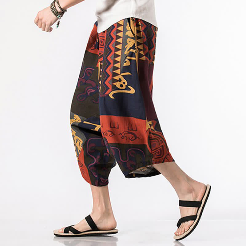 Nimara Ritual Summer Boho Casual Drawstring Floral Cotton Linen Capri Pants Men's Harem Pants With Pocket