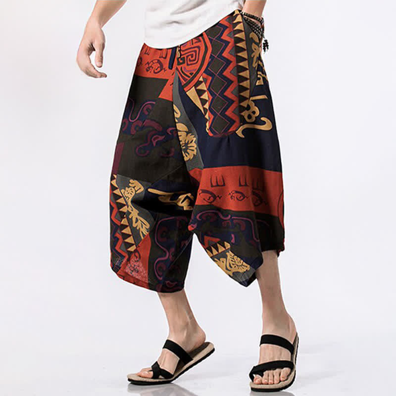Nimara Ritual Summer Boho Casual Drawstring Floral Cotton Linen Capri Pants Men's Harem Pants With Pocket