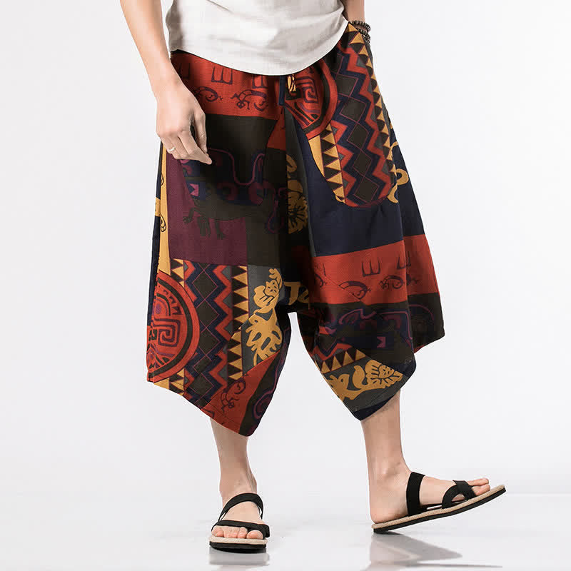Nimara Ritual Summer Boho Casual Drawstring Floral Cotton Linen Capri Pants Men's Harem Pants With Pocket