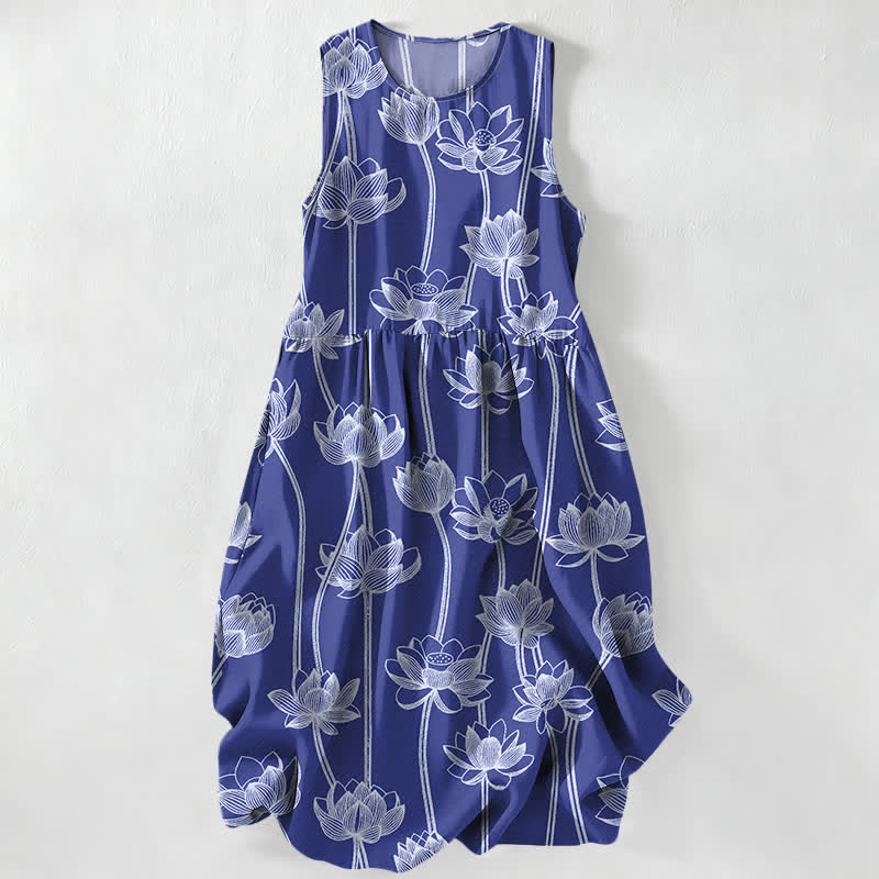 Nimara Ritual Summer Casual Lotus Line Art Pattern Women's Summer Sleeveless Midi Dress With Pockets