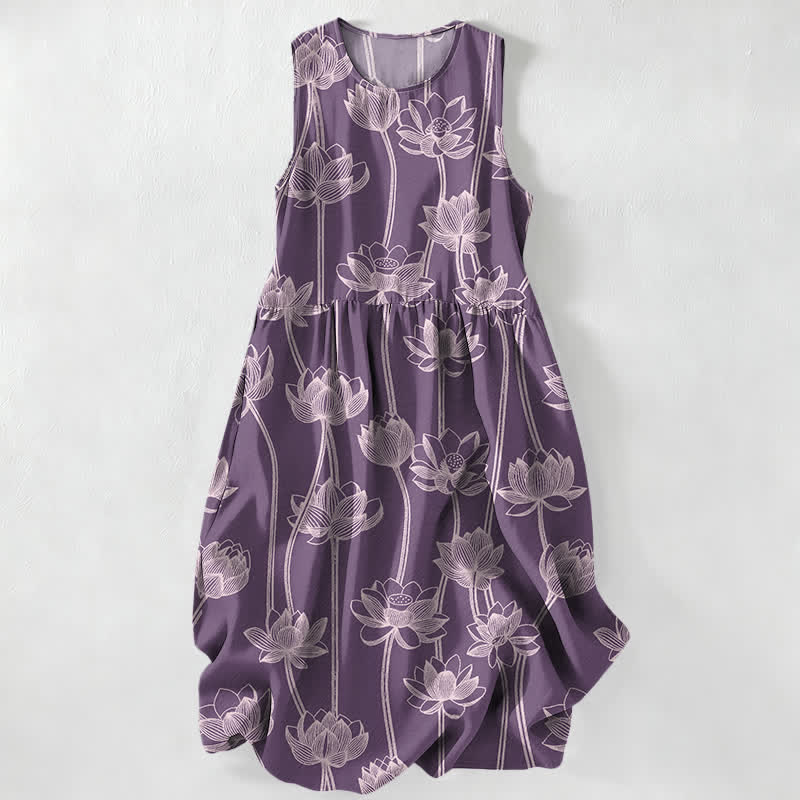 Nimara Ritual Summer Casual Lotus Line Art Pattern Women's Summer Sleeveless Midi Dress With Pockets