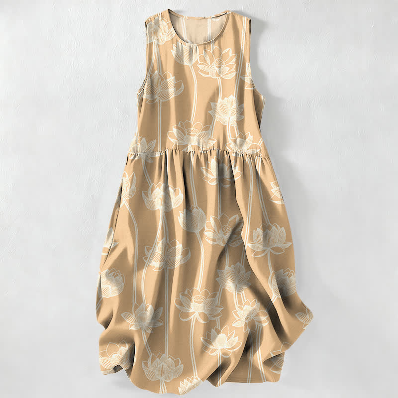 Nimara Ritual Summer Casual Lotus Line Art Pattern Women's Summer Sleeveless Midi Dress With Pockets