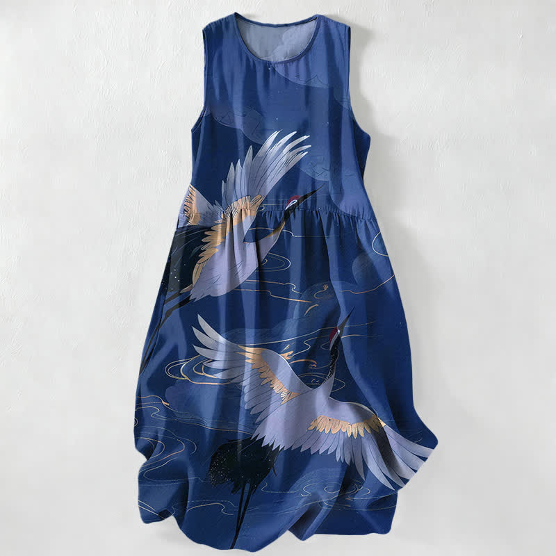 Nimara Ritual Summer Casual Flying Crane Wave Pattern Women's Summer Sleeveless Midi Dress With Pockets