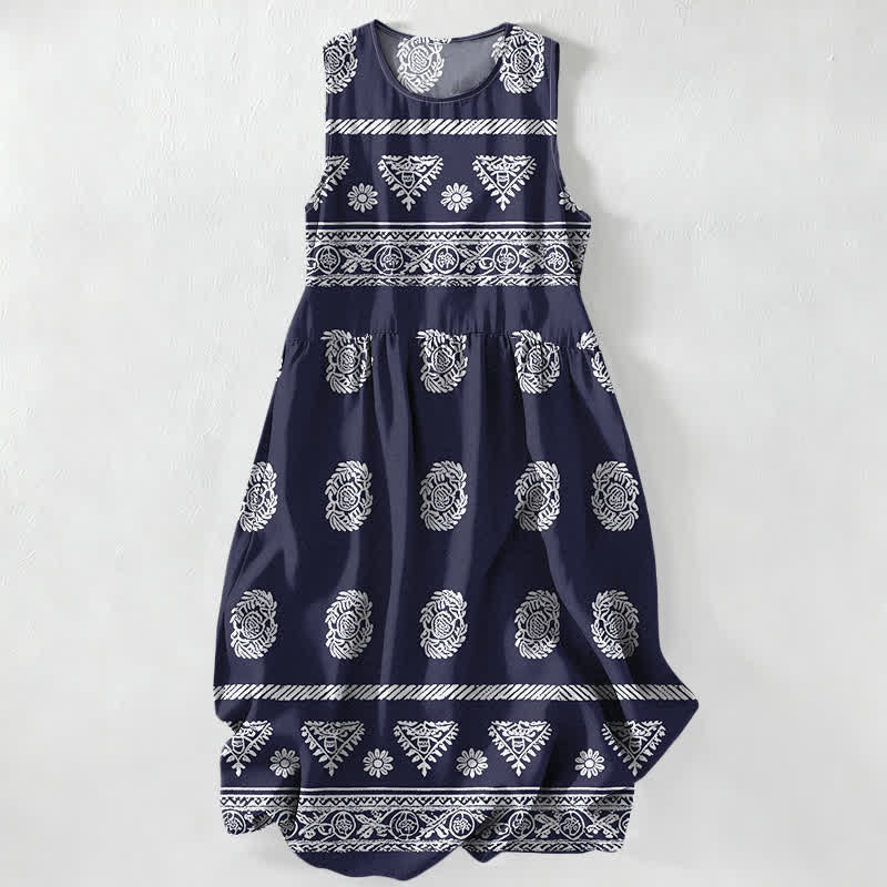 Nimara Ritual Summer Casual Geometric Medallion Stripe Pattern Women's Summer Sleeveless Midi Dress With Pockets