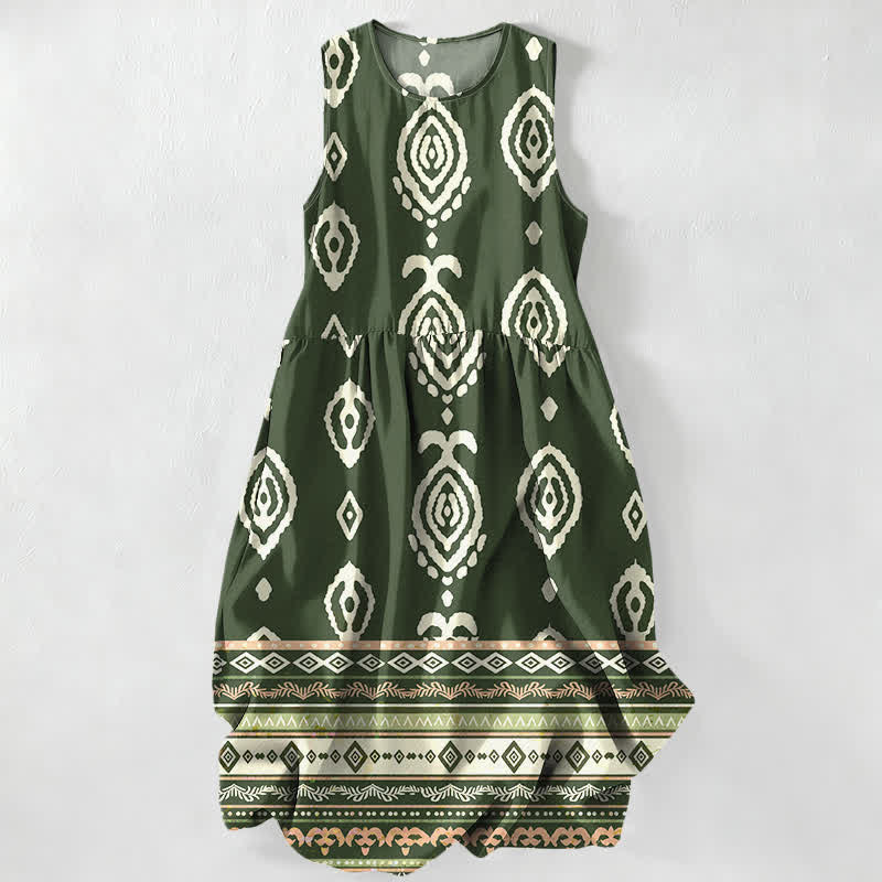 Nimara Ritual Summer Casual Tribal Geometric Border Pattern Women's Summer Sleeveless Midi Dress With Pockets