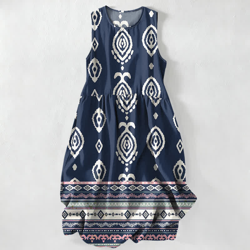 Nimara Ritual Summer Casual Tribal Geometric Border Pattern Women's Summer Sleeveless Midi Dress With Pockets